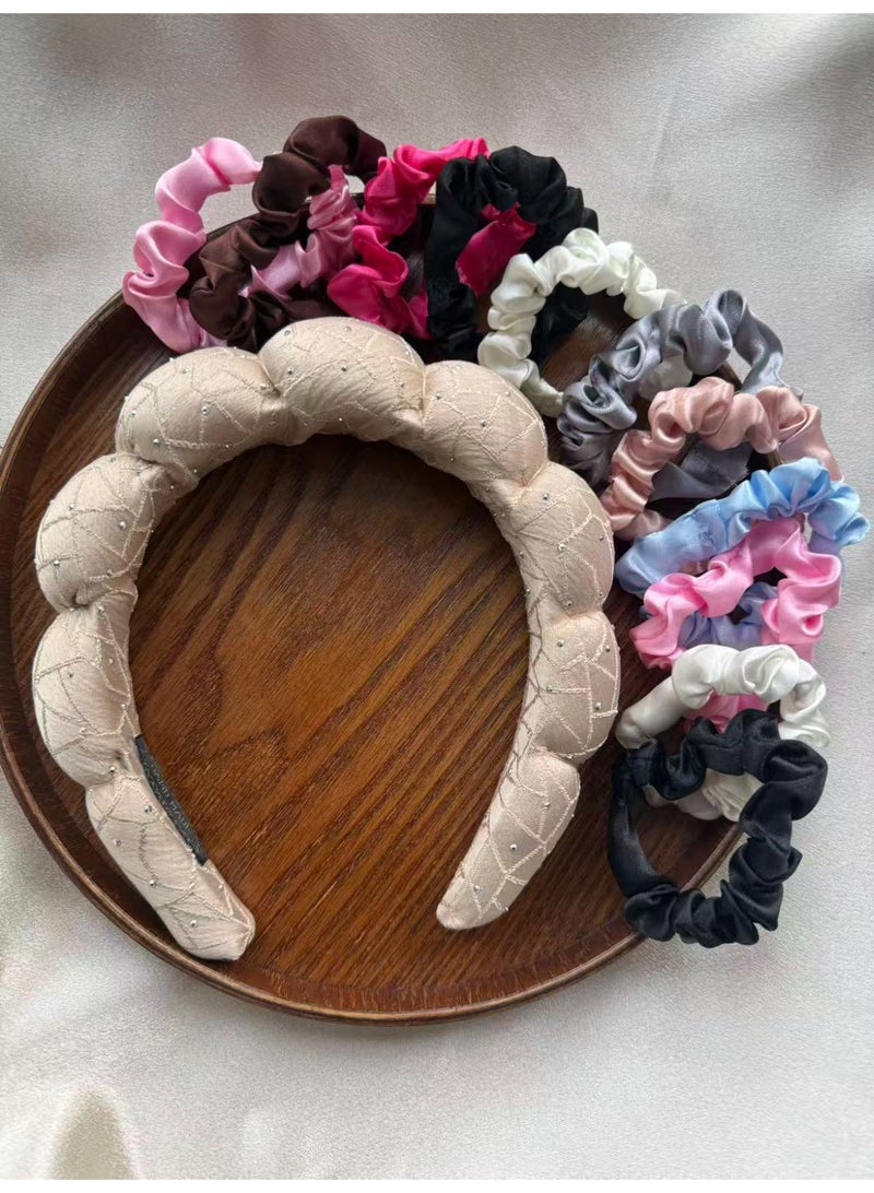 Vynara Padded Quilted Headband with 12 Small Scrunchies, 9 Colors Hair Accessories Set - Image 1